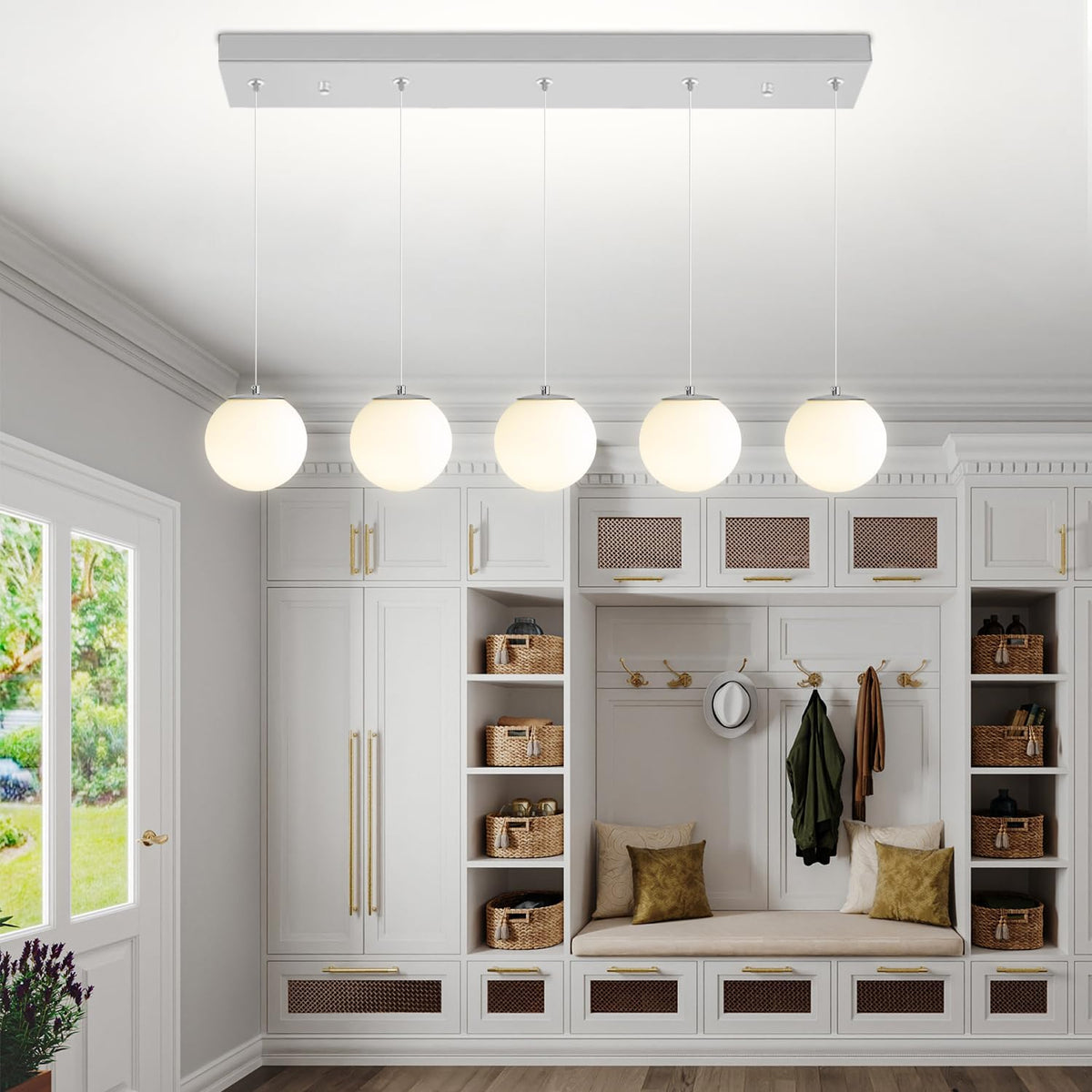 5-Lights Globe Pendant Light for Kitchen Island H 98" Silver Rectangle Chandelier Milk White Glass