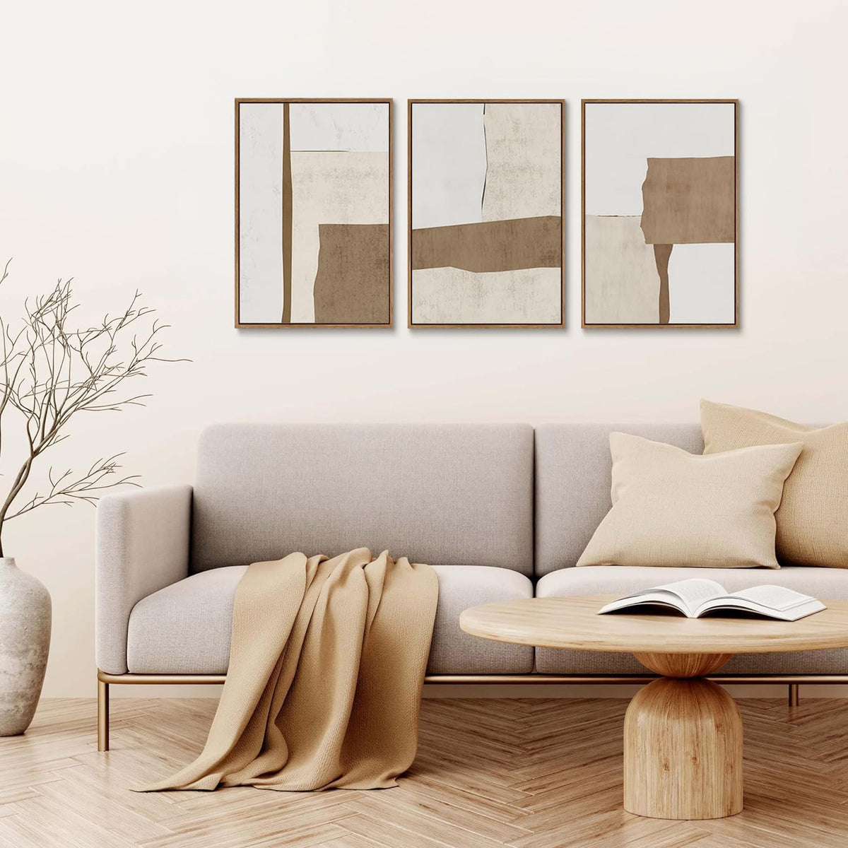 myusuar 3 Piece Large Modern Abstract Canvas Framed Wall Art For Living Room, Brown And Beige Block