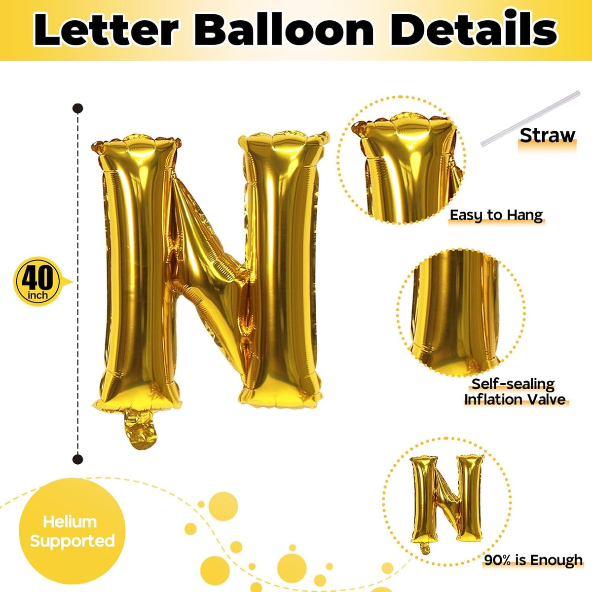 40 Inch Gold Alphabet Balloons - Large Self-Inflating Custom Letter N Decor for Name Words - Helium