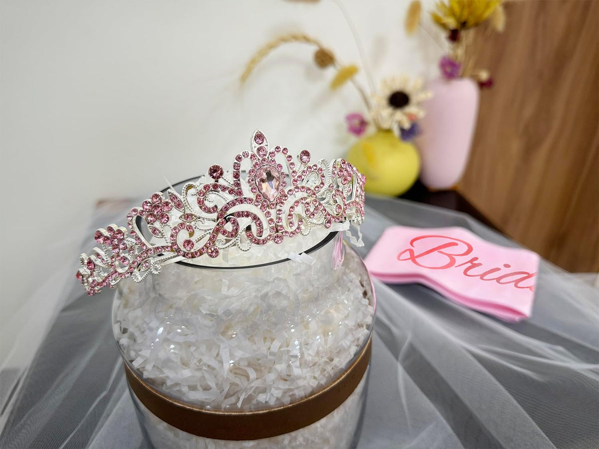 JETKONG 3 Pcs Bachelorette Party Decorations Bridal Shower Crown, Bride to Be Sash&Veil for Women