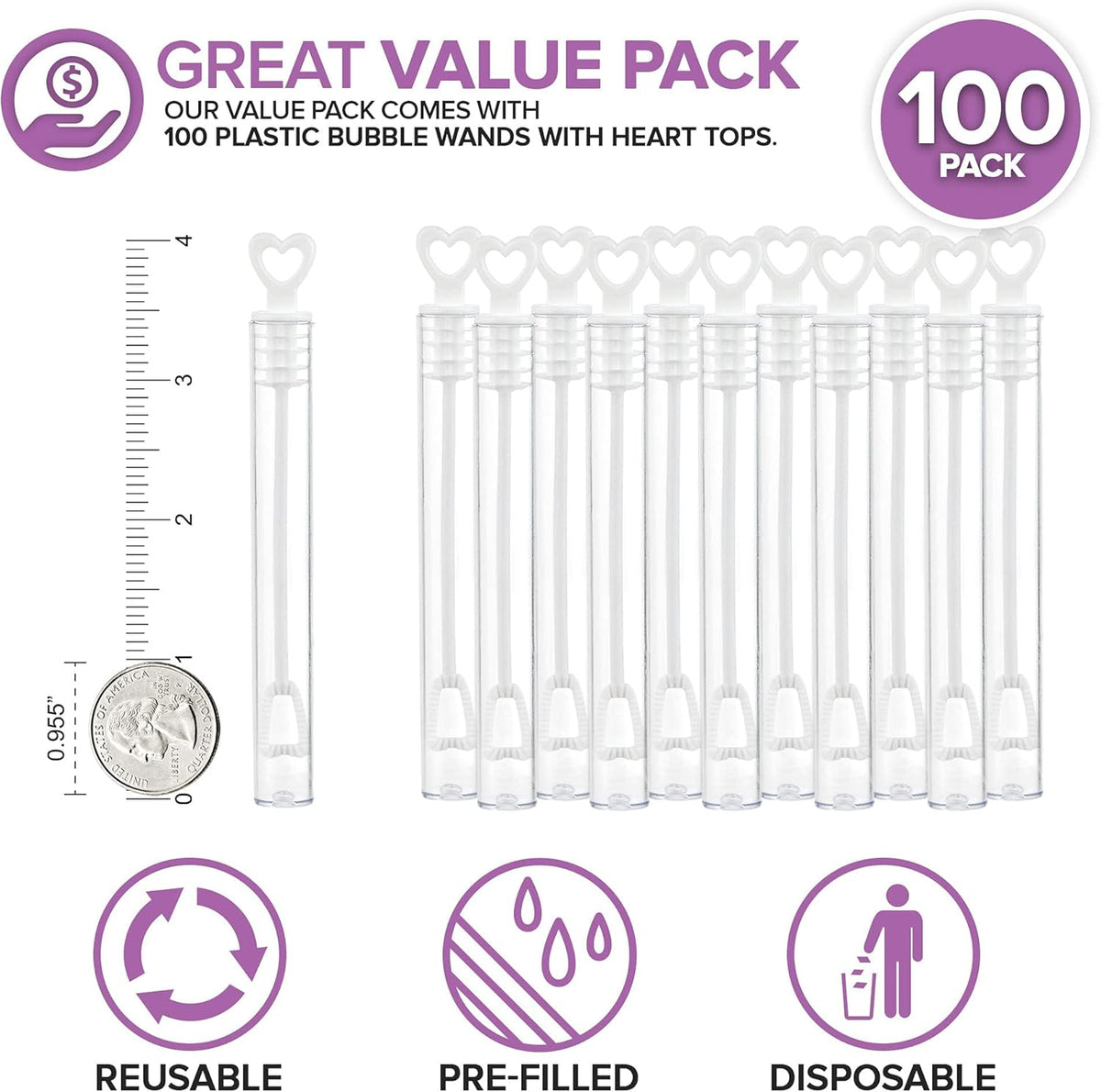 Wedding Bubbles Bulk - White Heart Top Wands (100 Count) Individual Mini Bubble Wand Favors for