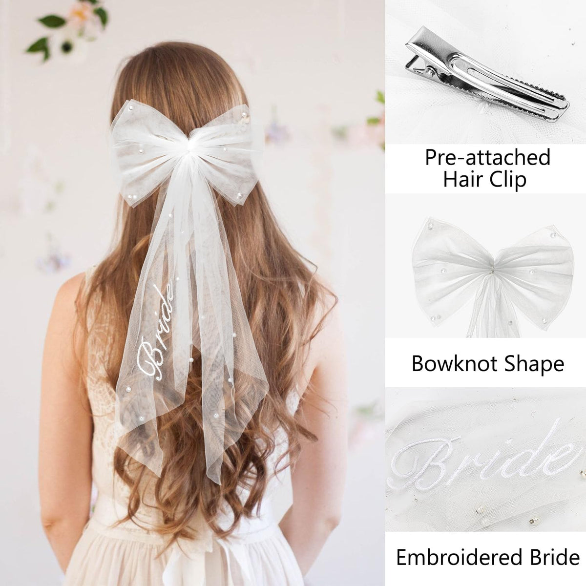 4 Pcs Bachelorette Party Decorations, BRIDE Crown,Pearl Bride Sash,White Bow Bride Veil,Bride