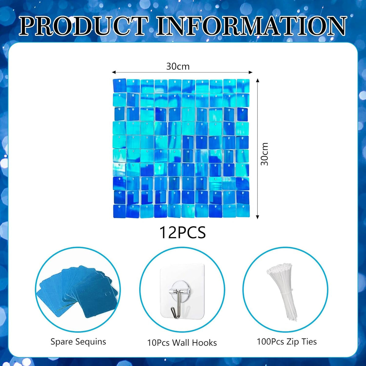 12PCS Colorful Lake Blue Shimmer Wall Backdrop, Square Sequin Photo Backdrops Panel, Glitter Wall