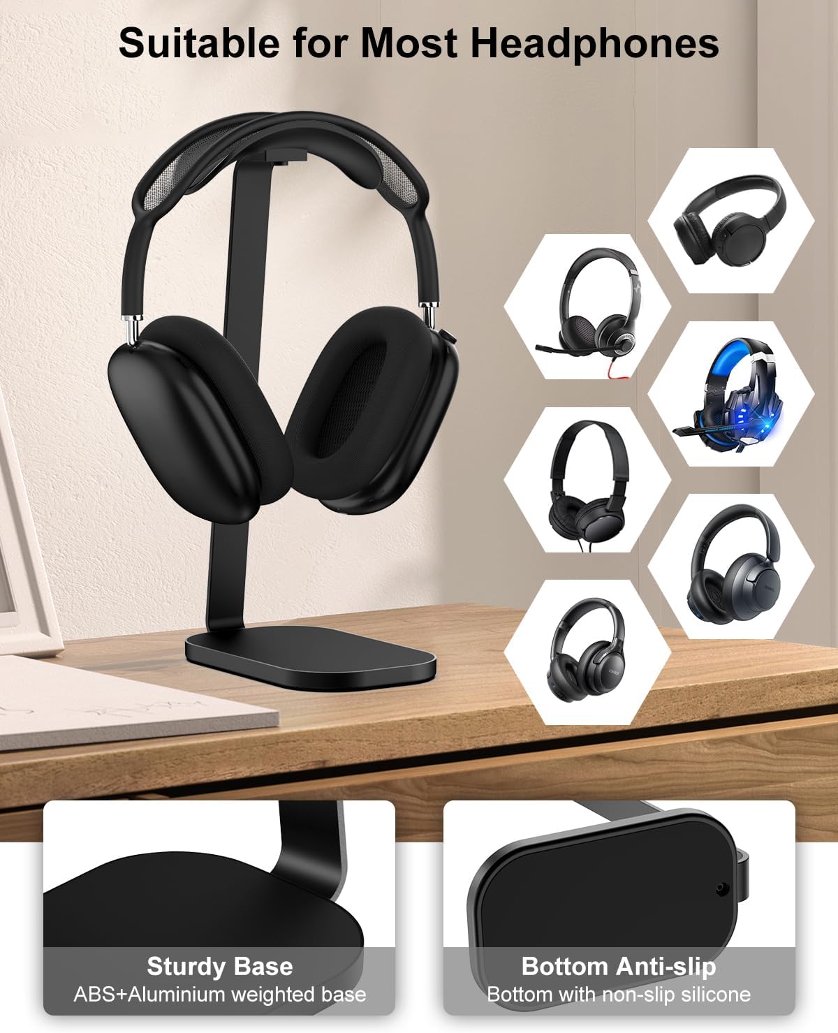 VICHYIE Headphone Stand for AirPods Max, Headset Holder with Aluminum Supporting Rod, Heavy Base