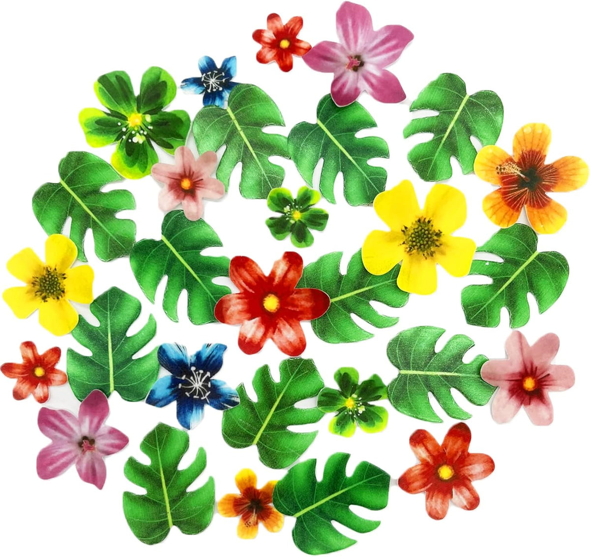 64Pcs Tropical Palm Leaves and Hawaii Flowers Cupcake Toppers Hawaii Theme Cake Decoration for