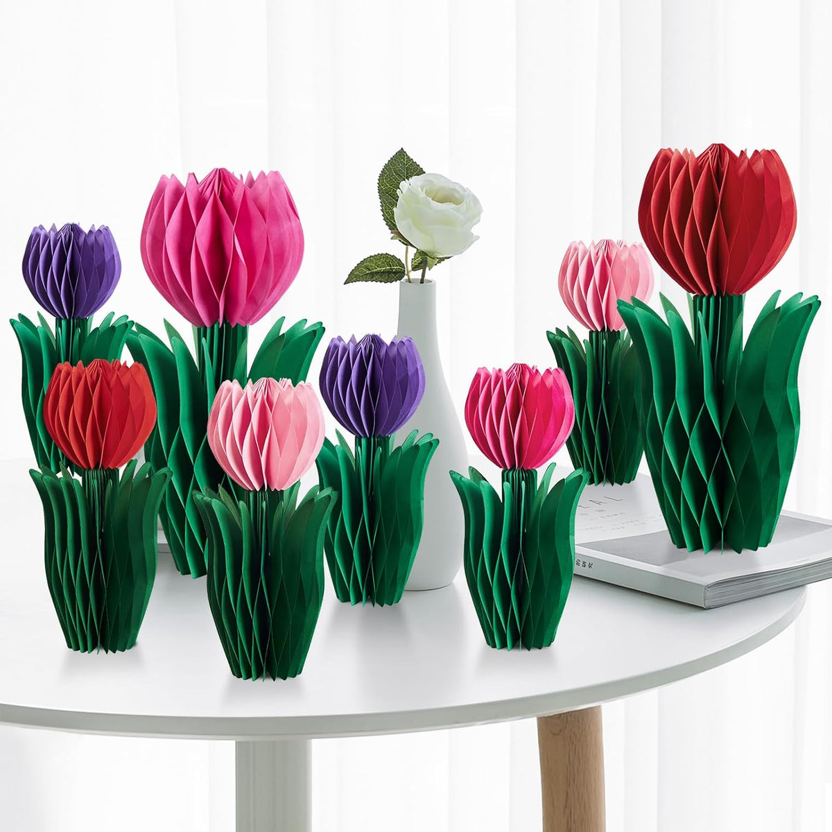 SUNBEAUTY 8 PCS Flower Honeycomb Decoration - Red Tulip Decor for Mother's Day and Spring - Table