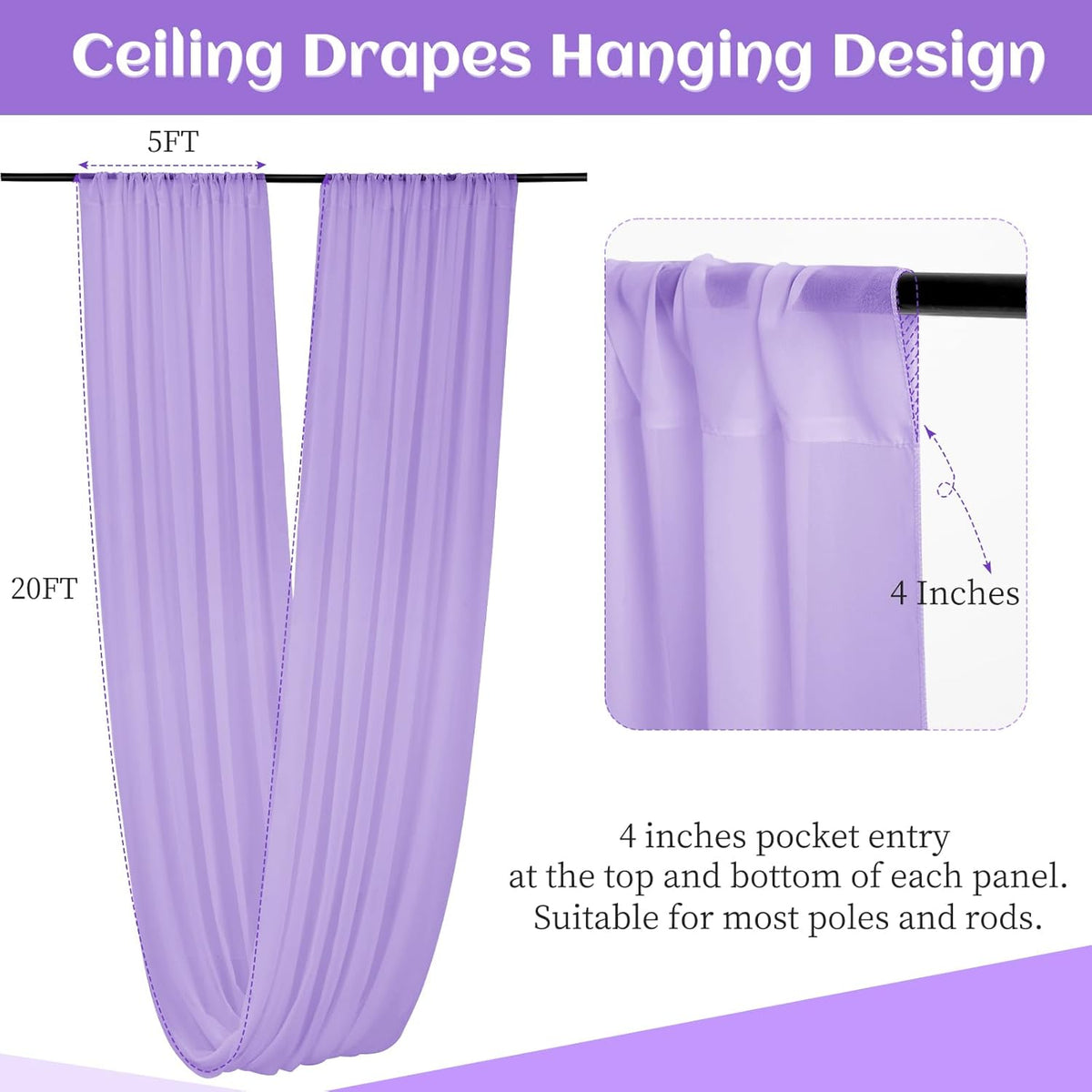 6 Panels Lilac Wedding Ceiling Drapes 5ftx20ft Ceiling Drapes Chiffon Fabric Arch Draping Sheer