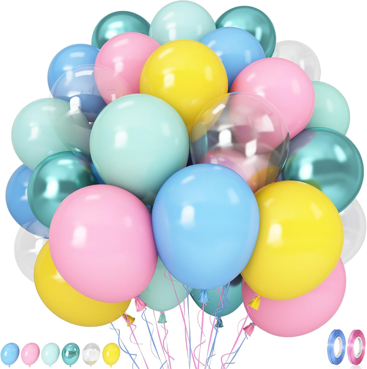 Colorful Cartoon Shark Balloons, 60PCS Pastel Pink Green Blue Yellow Clear Metallic Dark Green