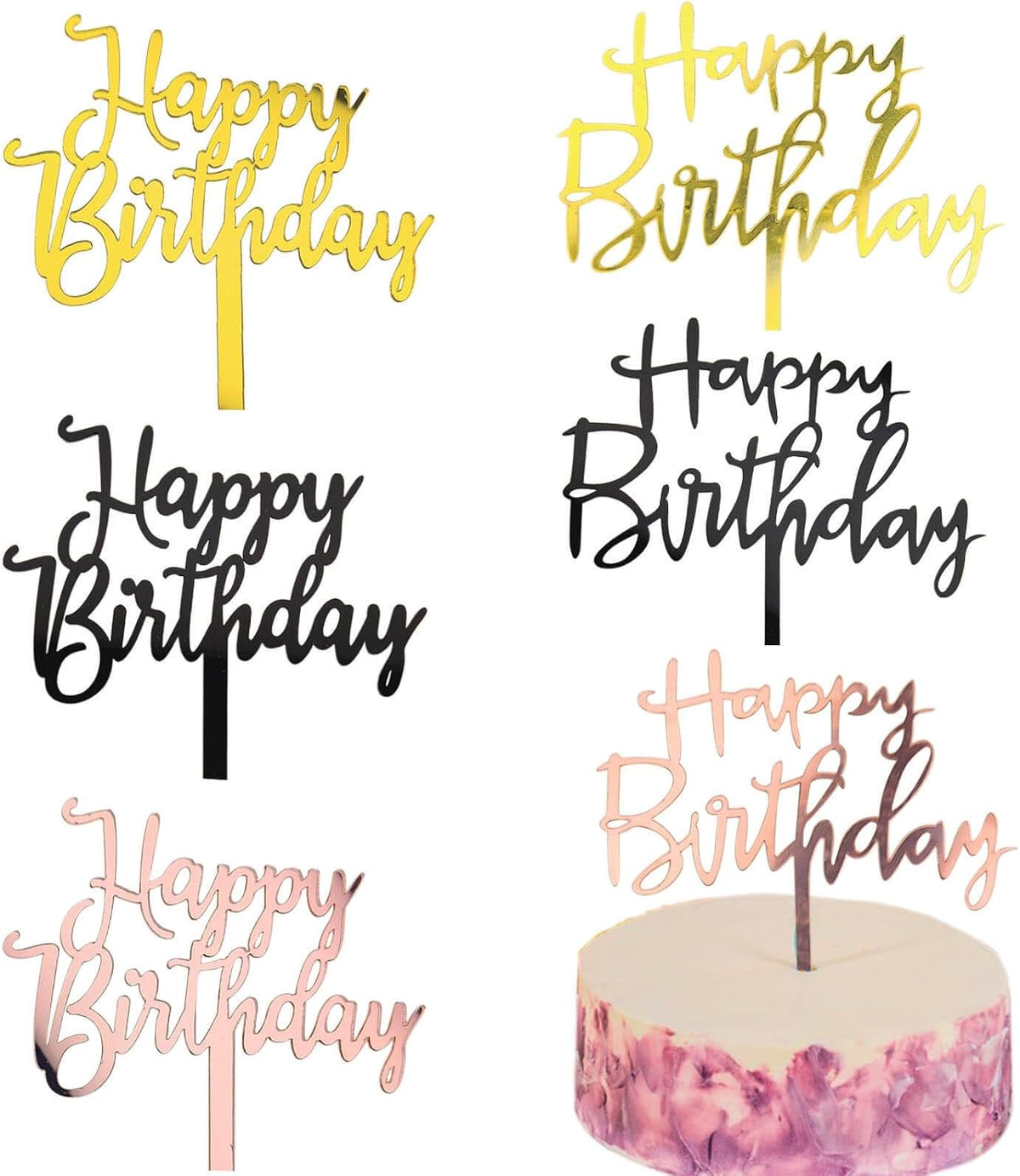 Happy Birthday Cake Toppers - 6 Pack (2 Styles, 3 Colors) Acrylic Cake Decorations for Women & Men