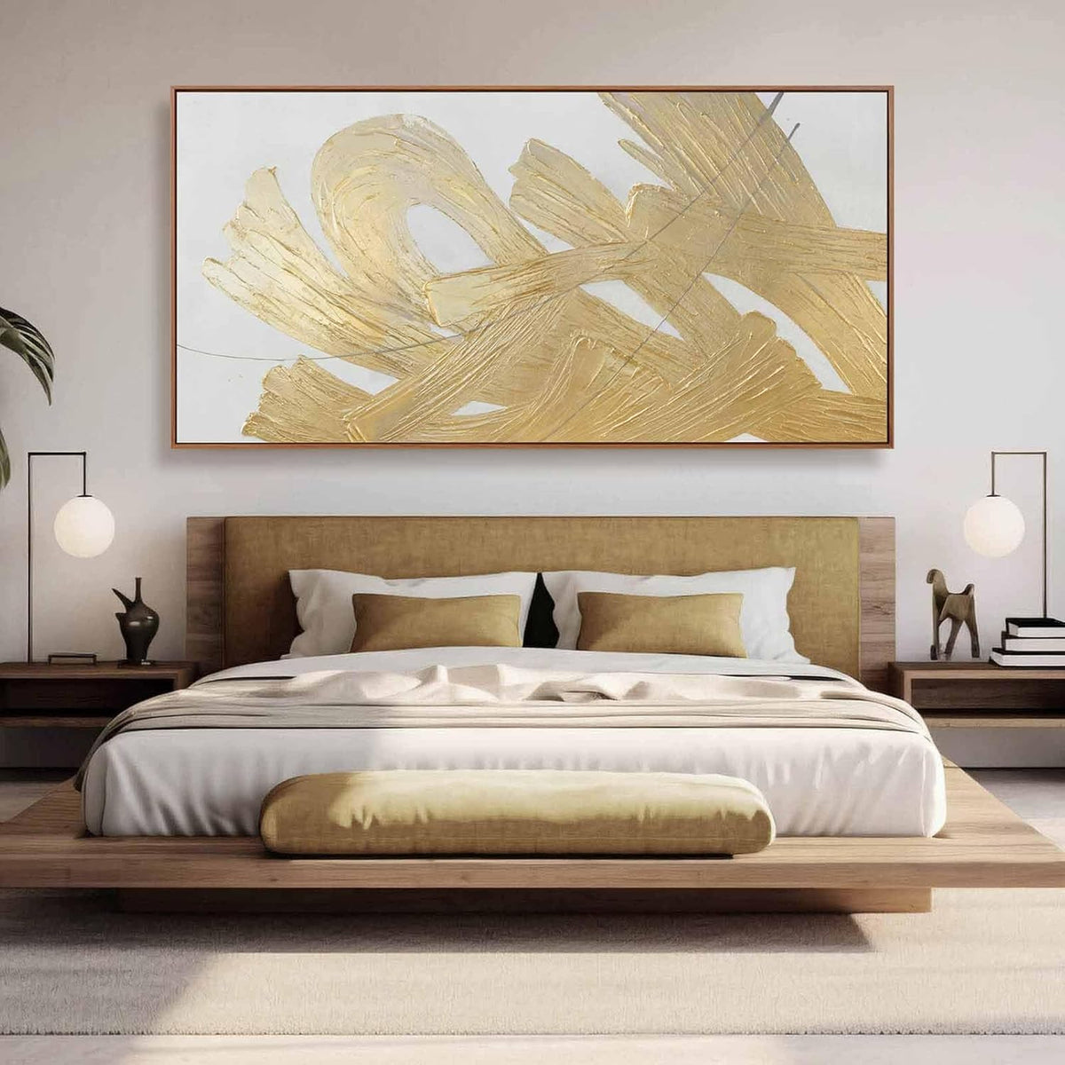 XIANSHOU Gold and White Canvas Wall Art Abstract Wall Artwork Neutral Wall Decor 36"x70" Large