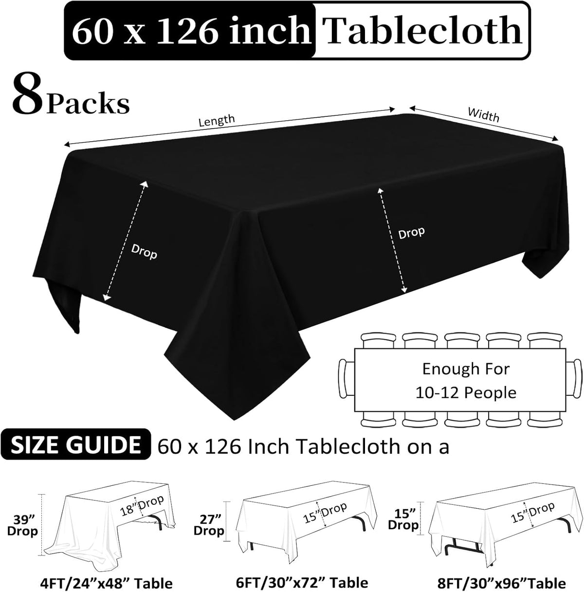 8 Pack Black Tablecloths 60 x 126 Inch Rectangular Table Cloths for Rectangle Tables 8ft, Wrinkle