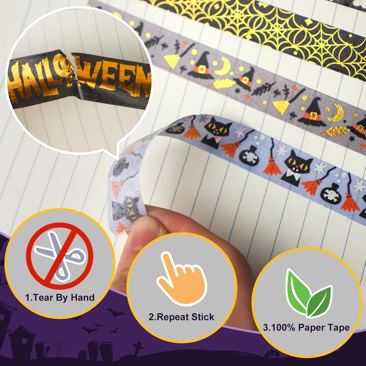 16 Rolls Halloween Washi Tape Holiday Masking Tape Stickers Glod Foil Decorative Tape for Scrapbook