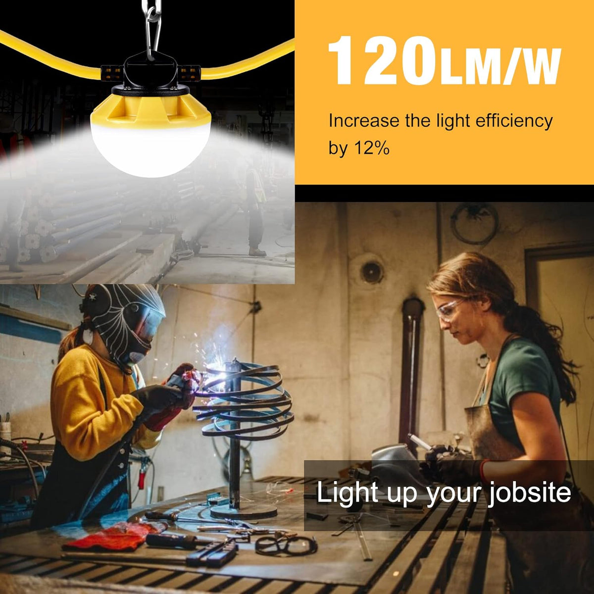 100FT Construction String Lights, IP65 Waterproof ETL Certified LED String Work Lights, 5000K