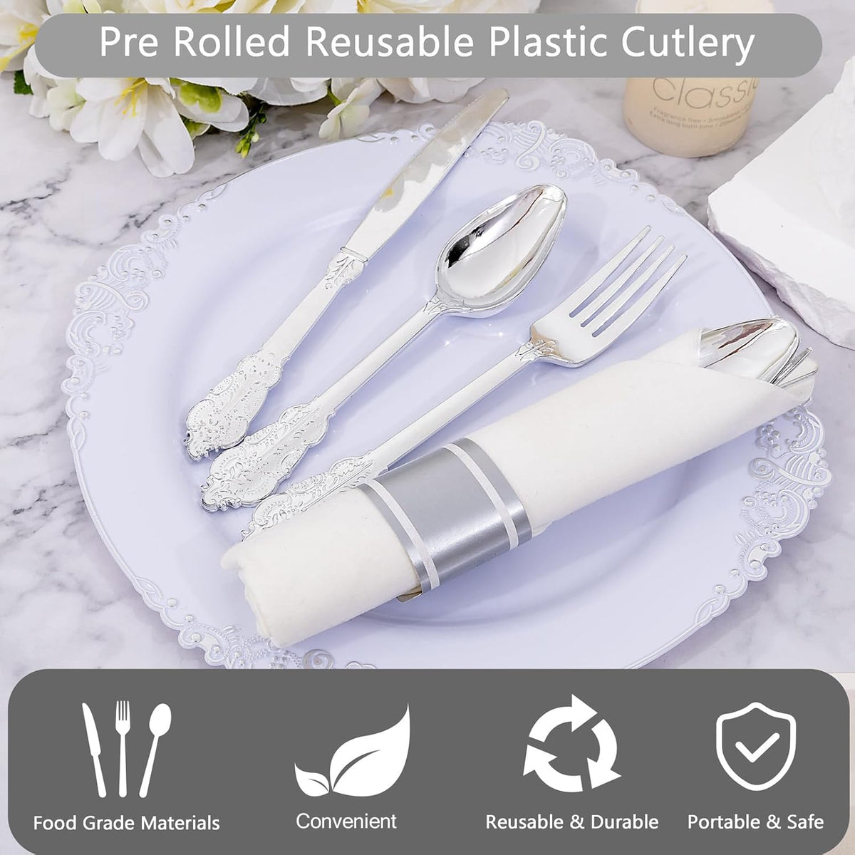 400PCS Pre Rolled Silver Plastic Silverware Sets - Heavy Duty Fancy Silver Cutlery - Include 100
