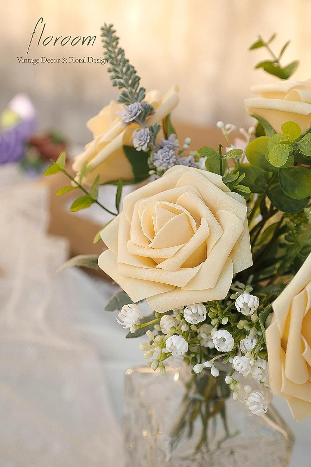 Floroom Artificial Flowers 50pcs Real Looking Creamy Yellow Foam Fake Roses with Stems for DIY