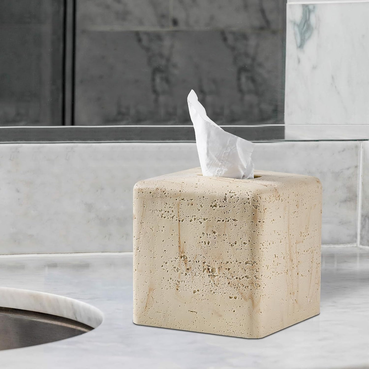 Natural Travertine Textures Tissue Box Cover Square for Home Decor,Resin Heavy Tissue Box Holder