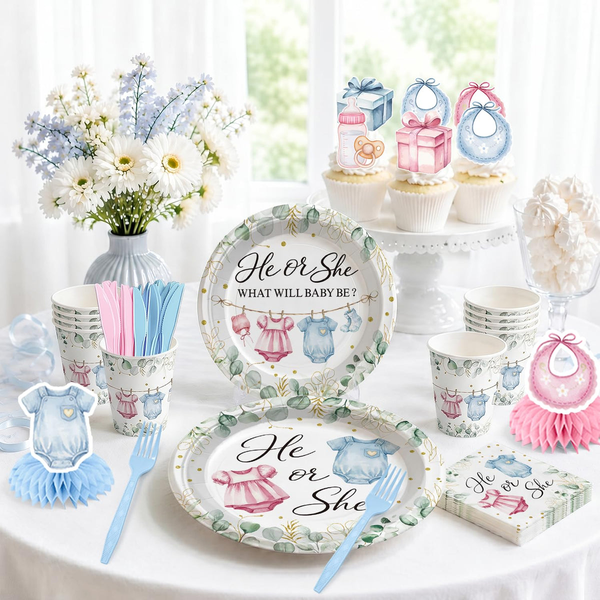 Yingoto 215PCS He or She Gender Reveal Decorations Serves 25
