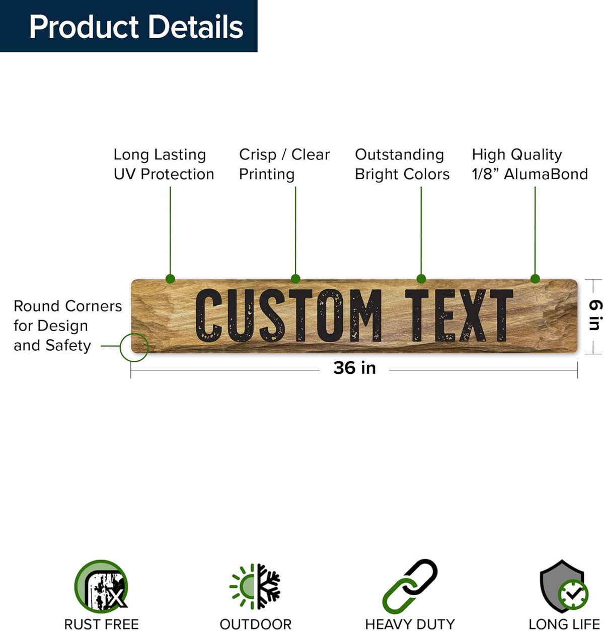 Custom Sign, Custom Street Sign, 11 Font Colors, 13 Font Styles, 4 Hole Options, 22 Sizes, 6x36