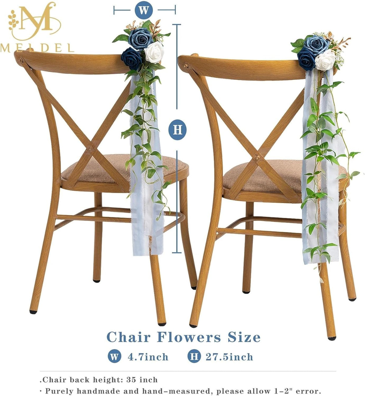 Meldel 10Pcs Elegnat Wedding Chair Back Decorations Aisle Artificial Blue White Rose Flowers