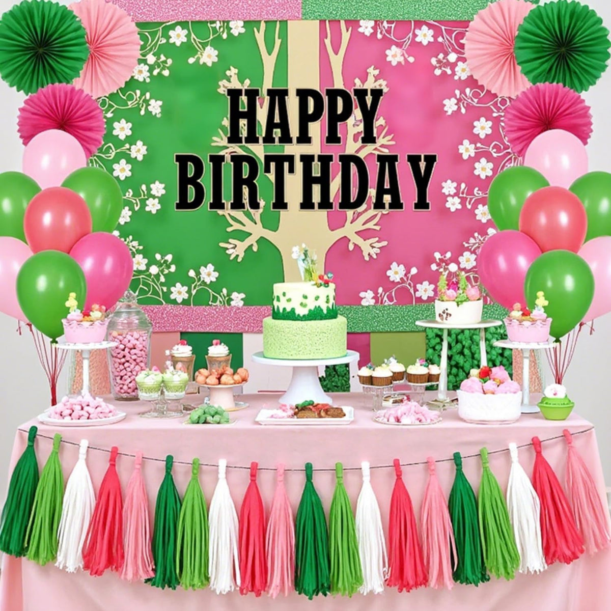 GAKA Pink and Green Paper Tassel Party Tassel Garland Banner for Theme Party Birthday Wedding