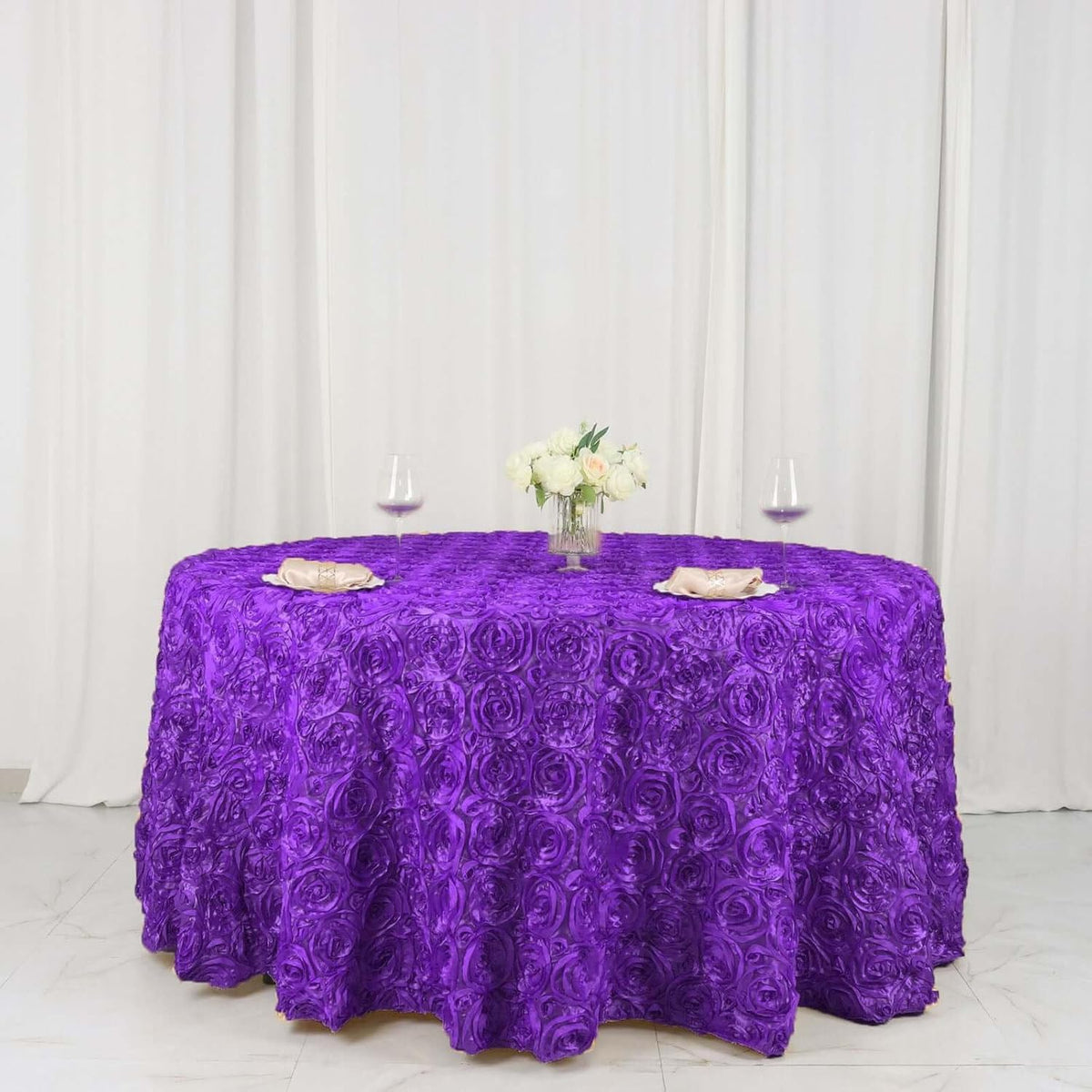 Efavormart 120" Wholesale Round Table Cover Purple Grandiose Rosette 3D Satin Tablecloth for