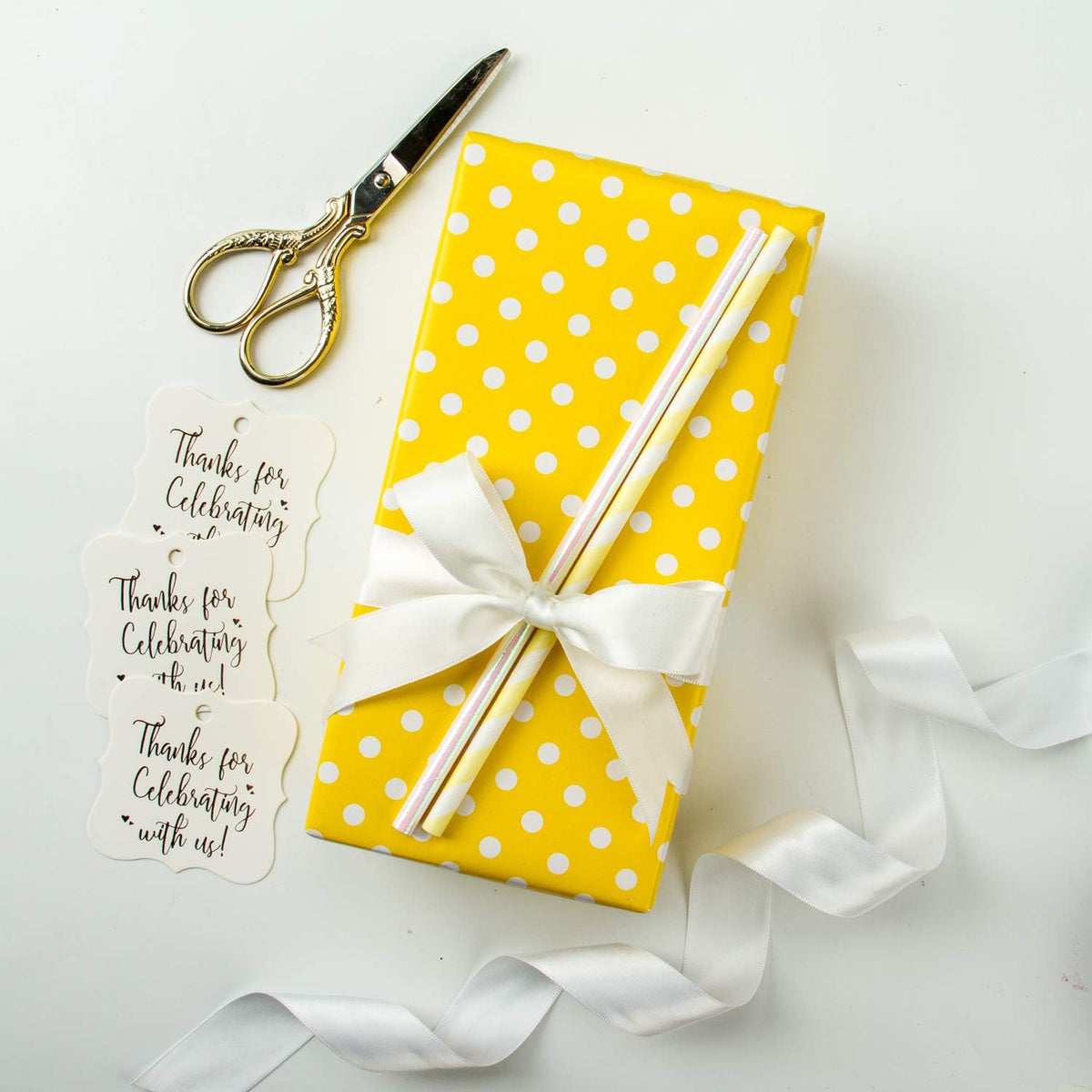 WRAPAHOLIC Reversible Wrapping Paper - Mini Roll - 17 Inch X 33 Feet - Yellow and Polka Dot Design