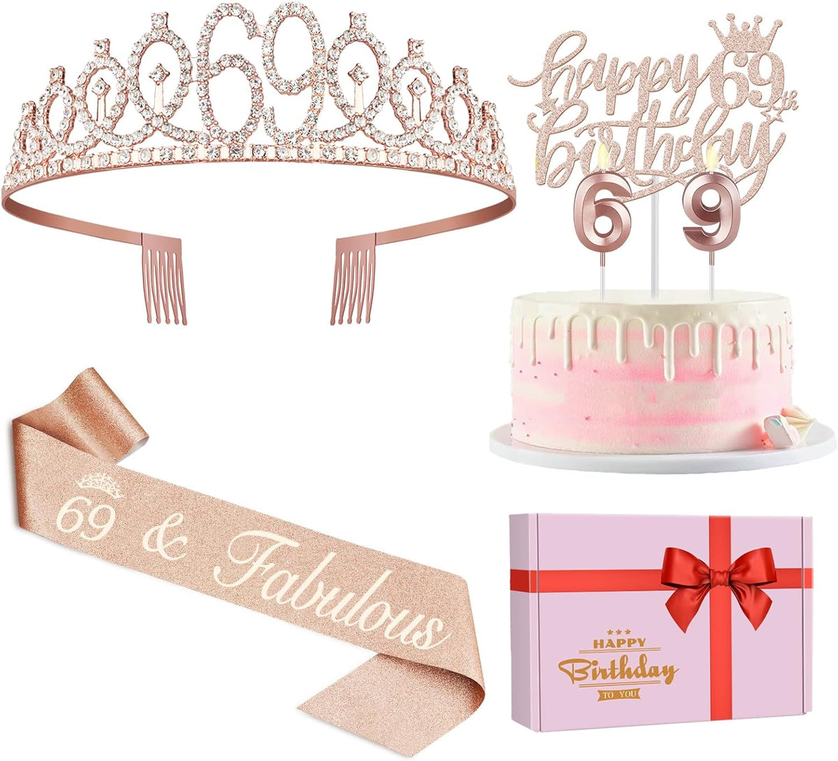 69th Birthday Decorations for Women, Including Birthday Sash, Crown/Tiara, Candles, Cake Topper, 69