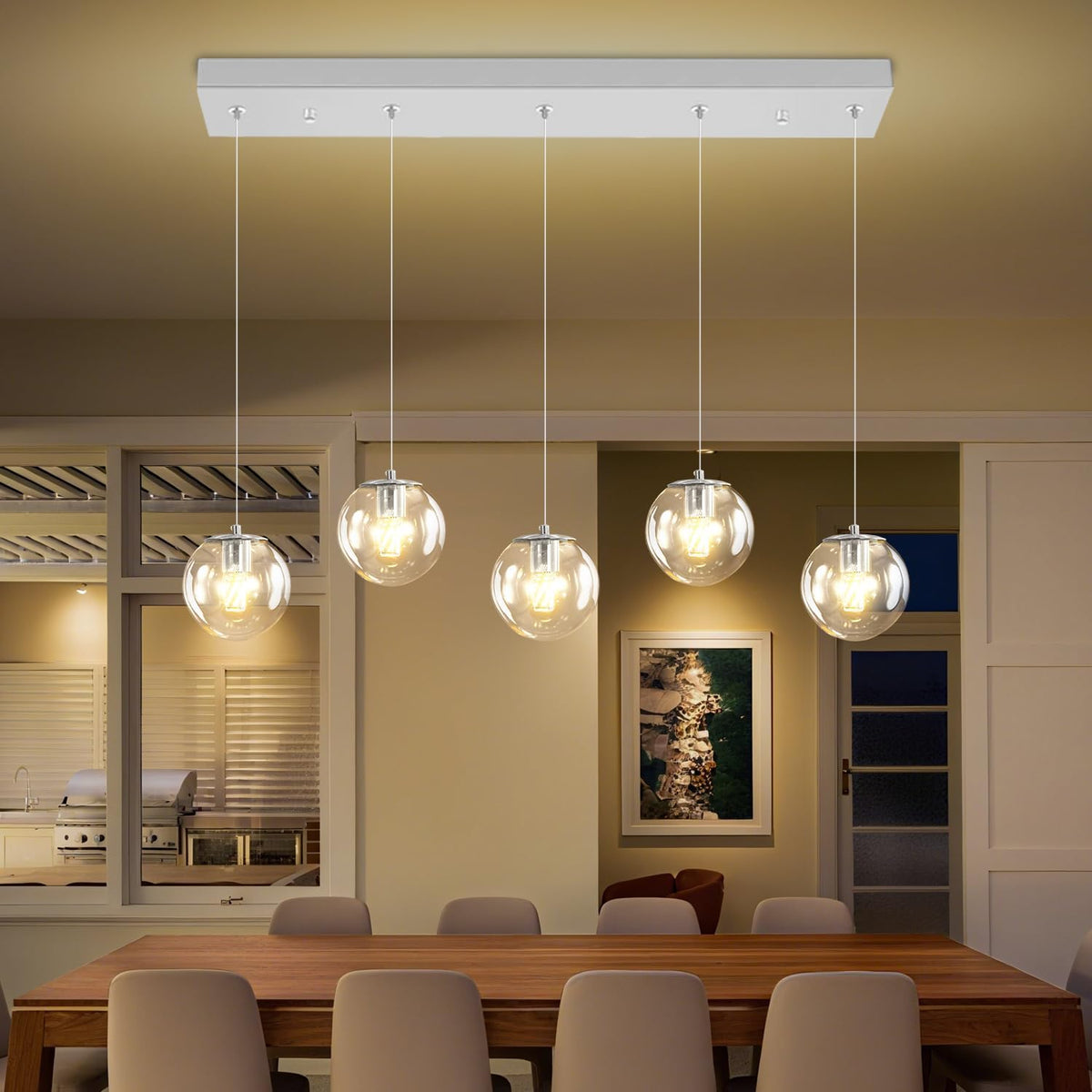 5-Lights Modern Rectangle Chandelier Globe Pendant Light,Chrome Linear Globe Chandeliers for Dining