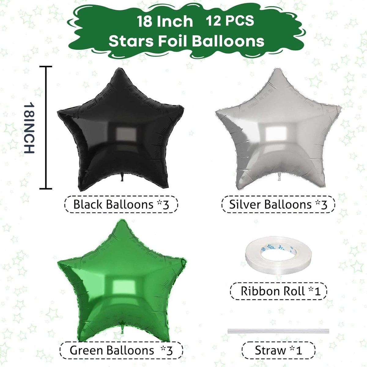Green Black Star Balloons, 18Inch Balck Olive and Silver Stars Shape Foil Balloons Helium, 12Pcs