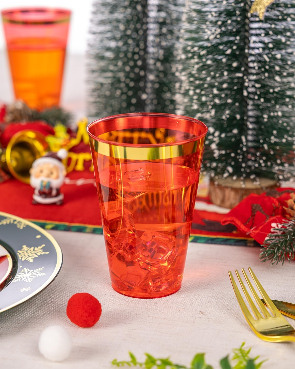 Goodluck 50PCS 14oz Red and Gold Plastic Cups for Party, Disposable Gold Rim Cups, Plastic Cocktail