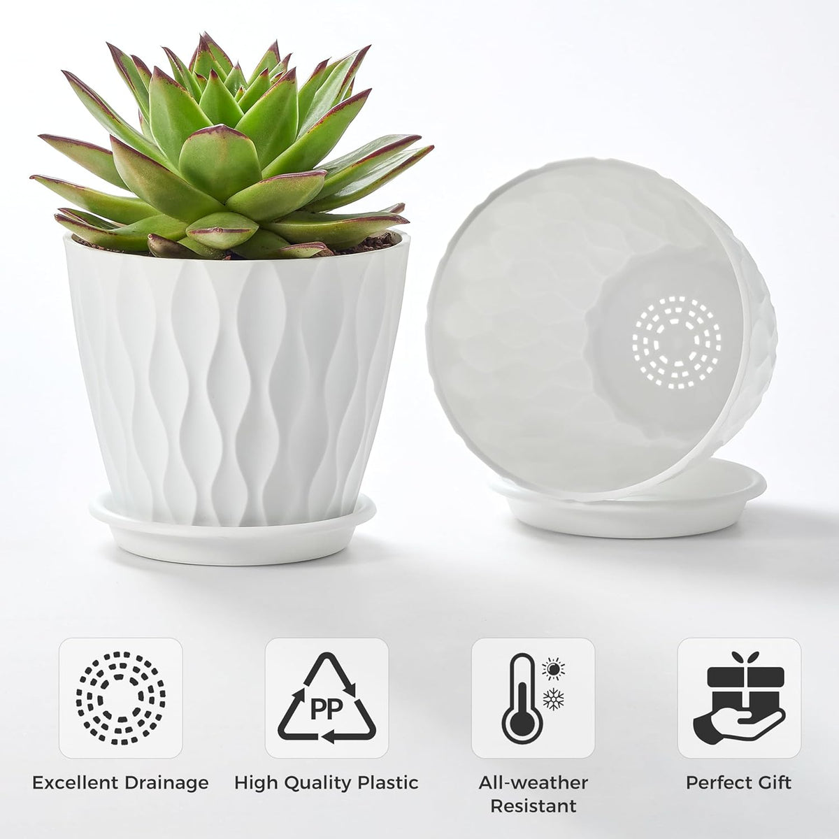 FaithLand 6-Pack 6-Inch Plastic Plant Pots with Saucers | Thickened PP Material, Modern Wave
