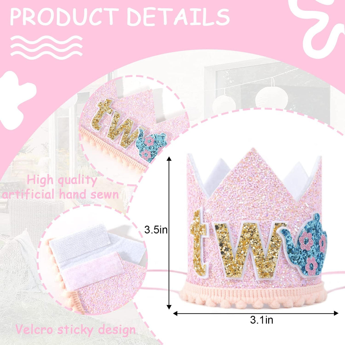 WAUAO Alice in Wonderland Tea Party Decorations - Birthday Crown/Hat, Girl's 2nd Birthday Pink
