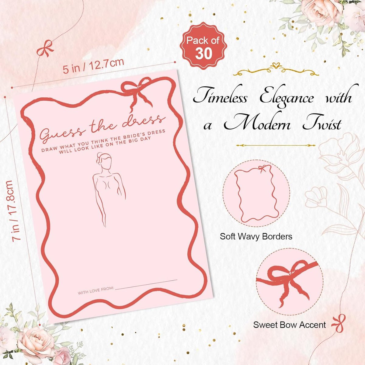 DEEKA 30 PCS Bridal Shower Games Card for 30 Guests Pink Wavy Border Ribbon Bow Funny Wedding