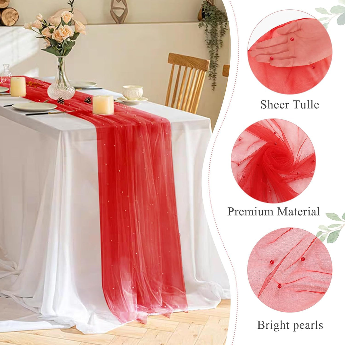 Set of 6 Pearl Table Runner 29 x 120 Inch Tulle Fabric Lace Table Runners Boho Rustic Tablecloth