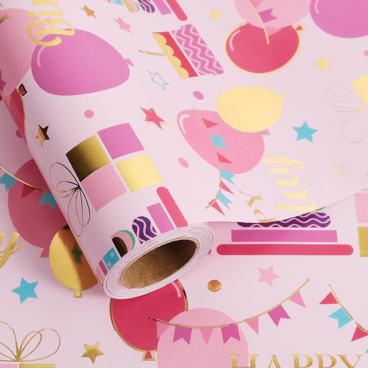 Aimyoo Pink Birthday Wrapping Paper Roll - 17 Inch X 32.8 Feet - Gold Foil Celebration Cake