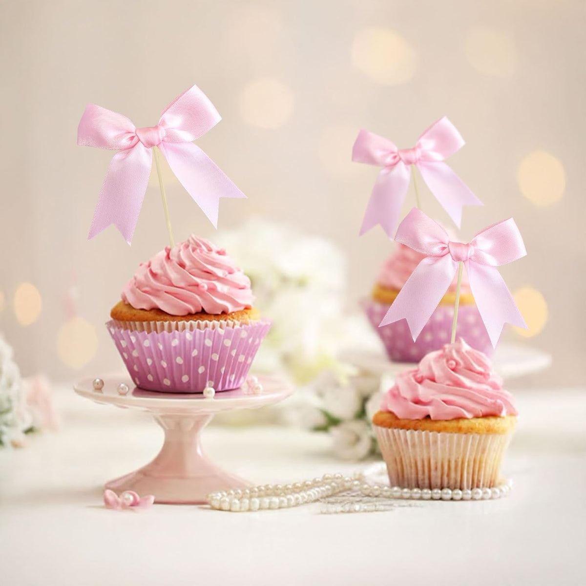 Gyufise 24Pcs Bow Cupcake Toppers Coquette Bow Girls Birthday Cake Decorations Bowknot Cake Toppers