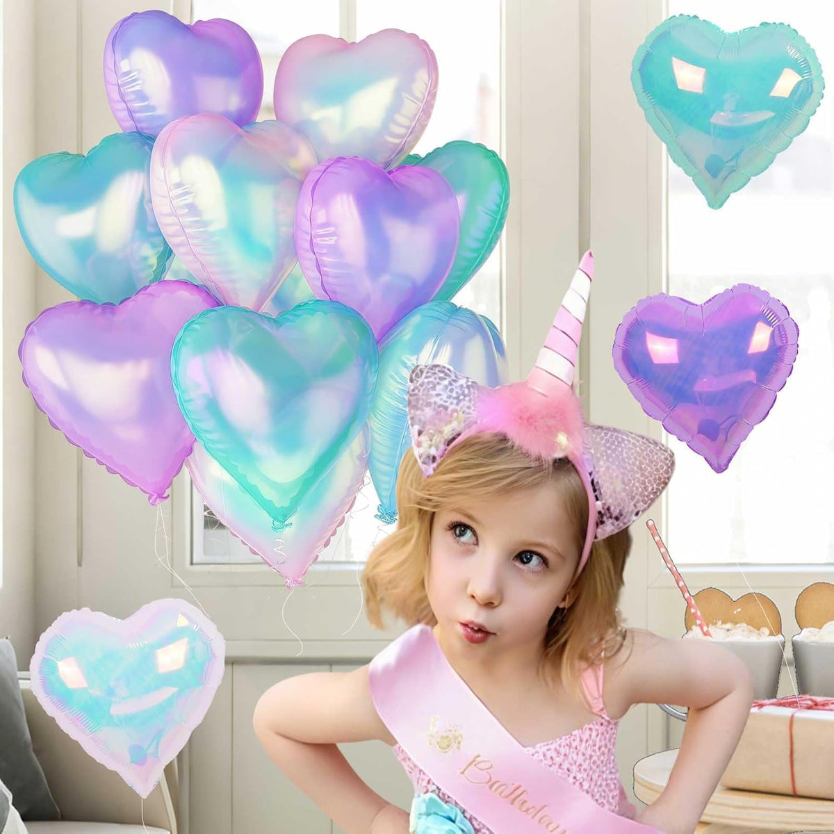 Iridescent Heart Balloons, 12Pcs 18Inch Transparent Crystal Heart Foil Balloon, Gradient Iridescent