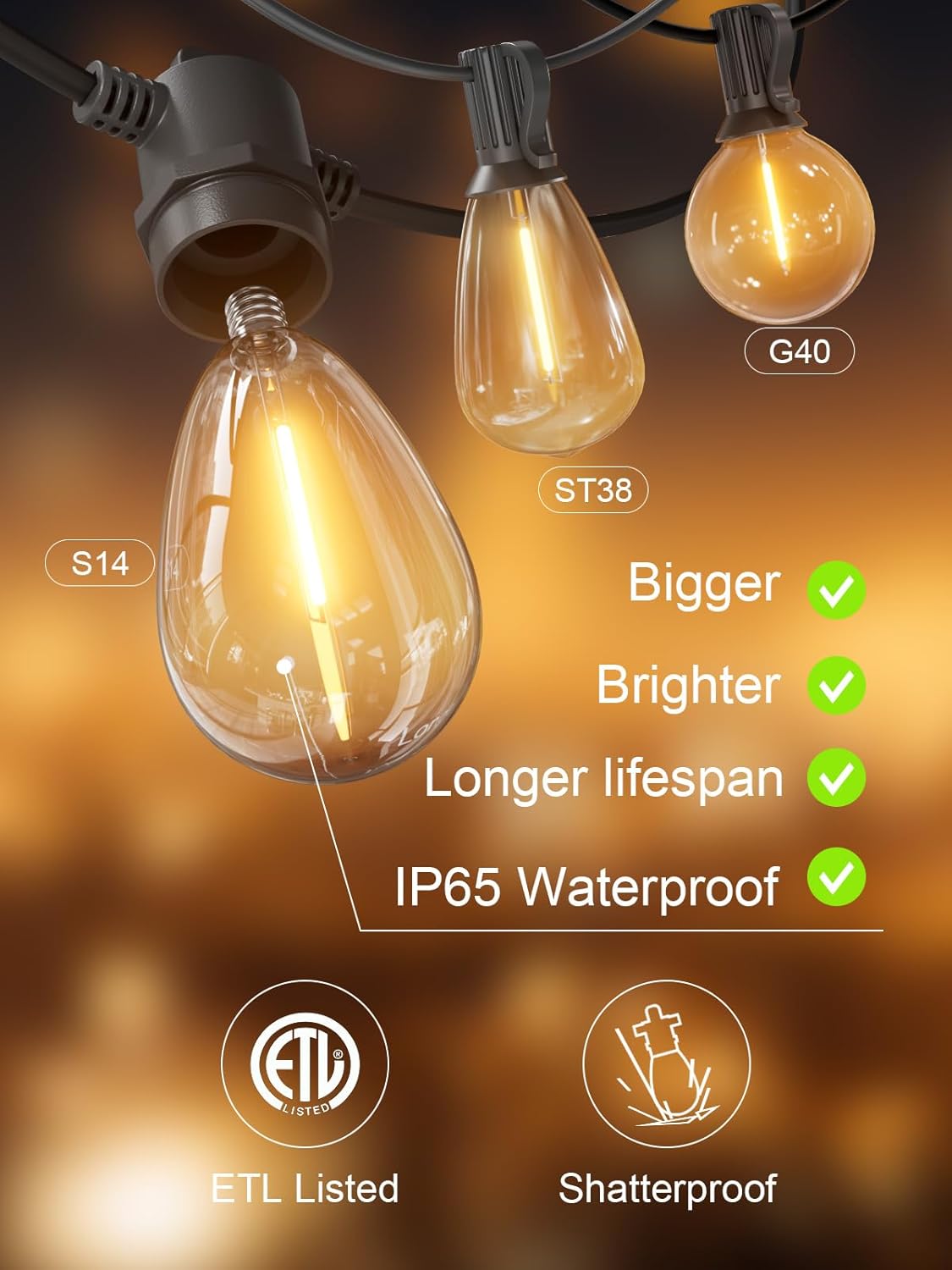 Svater Outdoor String Lights 50 FT, Patio Light for Outside with Shatterproof LED Bulbs, IP65