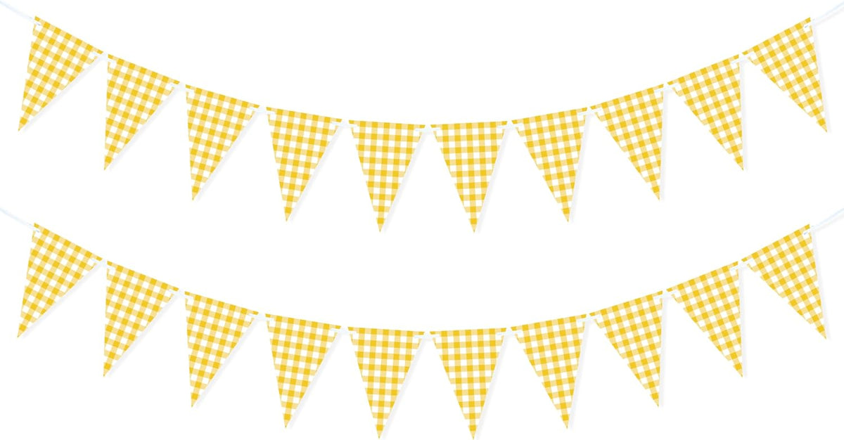 Yellow Gingham Banner for Picnic, BBQ Themed Party Decorations, Yellow and White Checkered Bunting