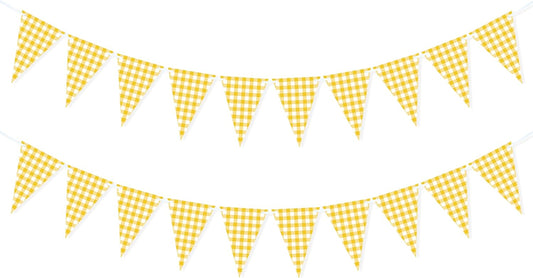 Yellow Gingham Banner for Picnic, BBQ Themed Party Decorations, Yellow and White Checkered Bunting