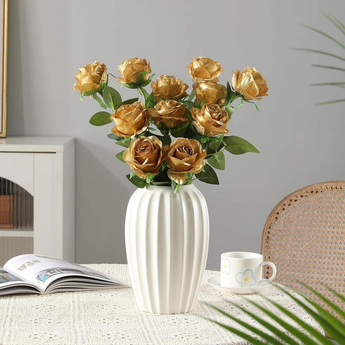 Tifuly Gold Roses Artificial Flowers -12Pcs Realistic Single Long Stem Fake Silk Roses Bouquet for
