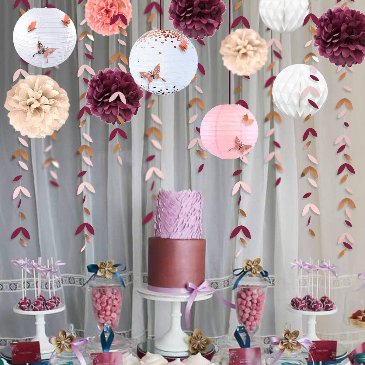 Burgundy Rose gold Pink Party Decorations Lanterns Flowers Pom Pom with 3D Butterfly Stickers and