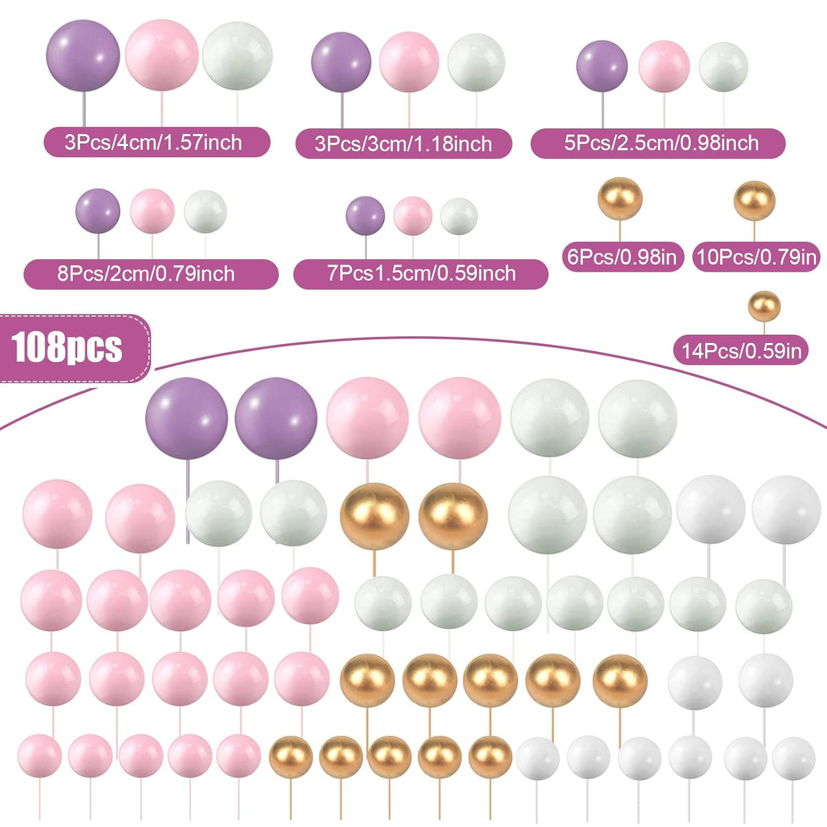 108 Pcs Balls Cake Topper DIY Cupcake Insert Foam Balloons for Cake Baking Wedding Anniversary