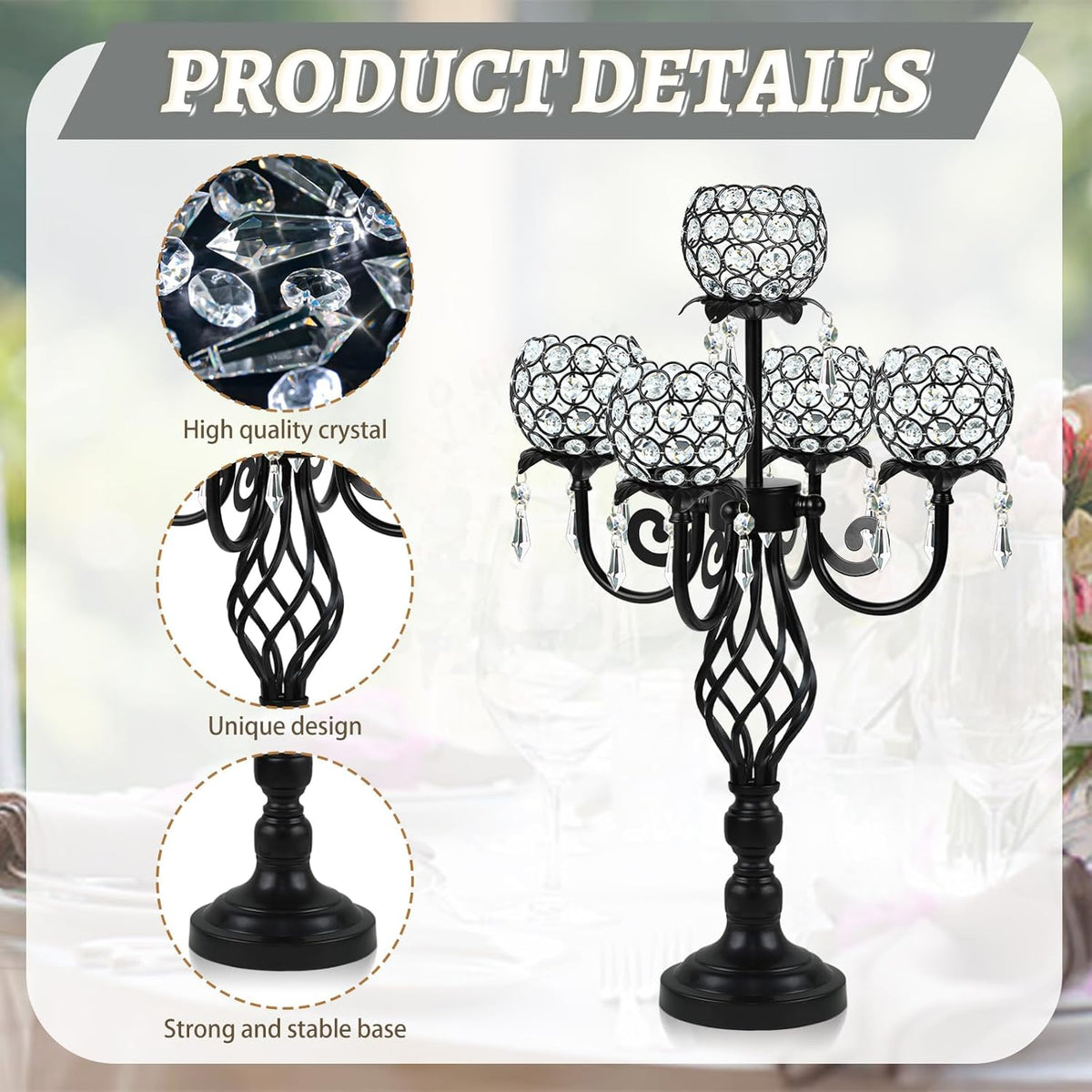 5-Arm Crystal Candelabra Centerpiece 23.2" Tall - Elegant Candle Holder Stand with Crystal Bowl