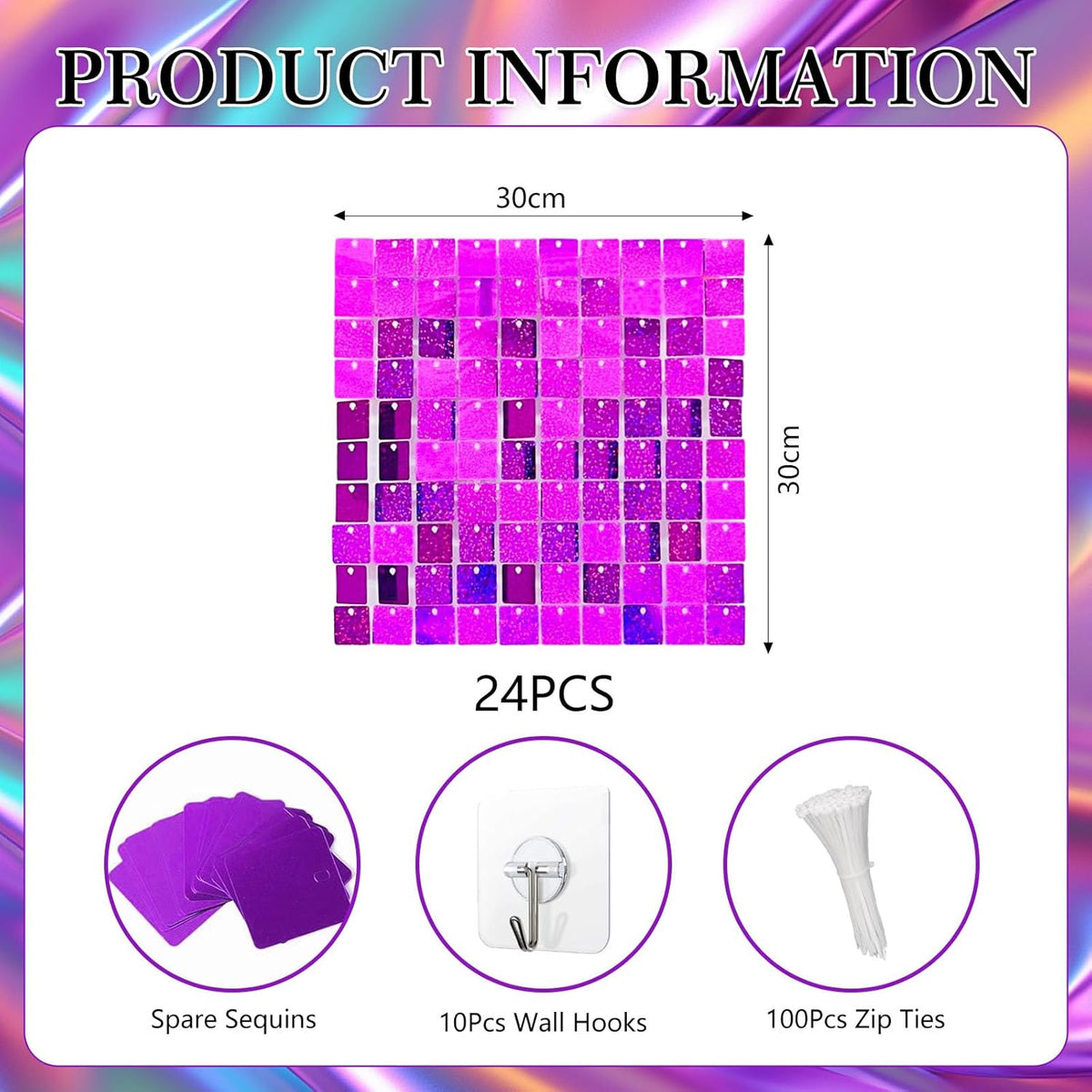 24PCS Purple Shimmer Wall Backdrop, Laser Square Sequin Photo Backdrops Panel, Glitter Wall
