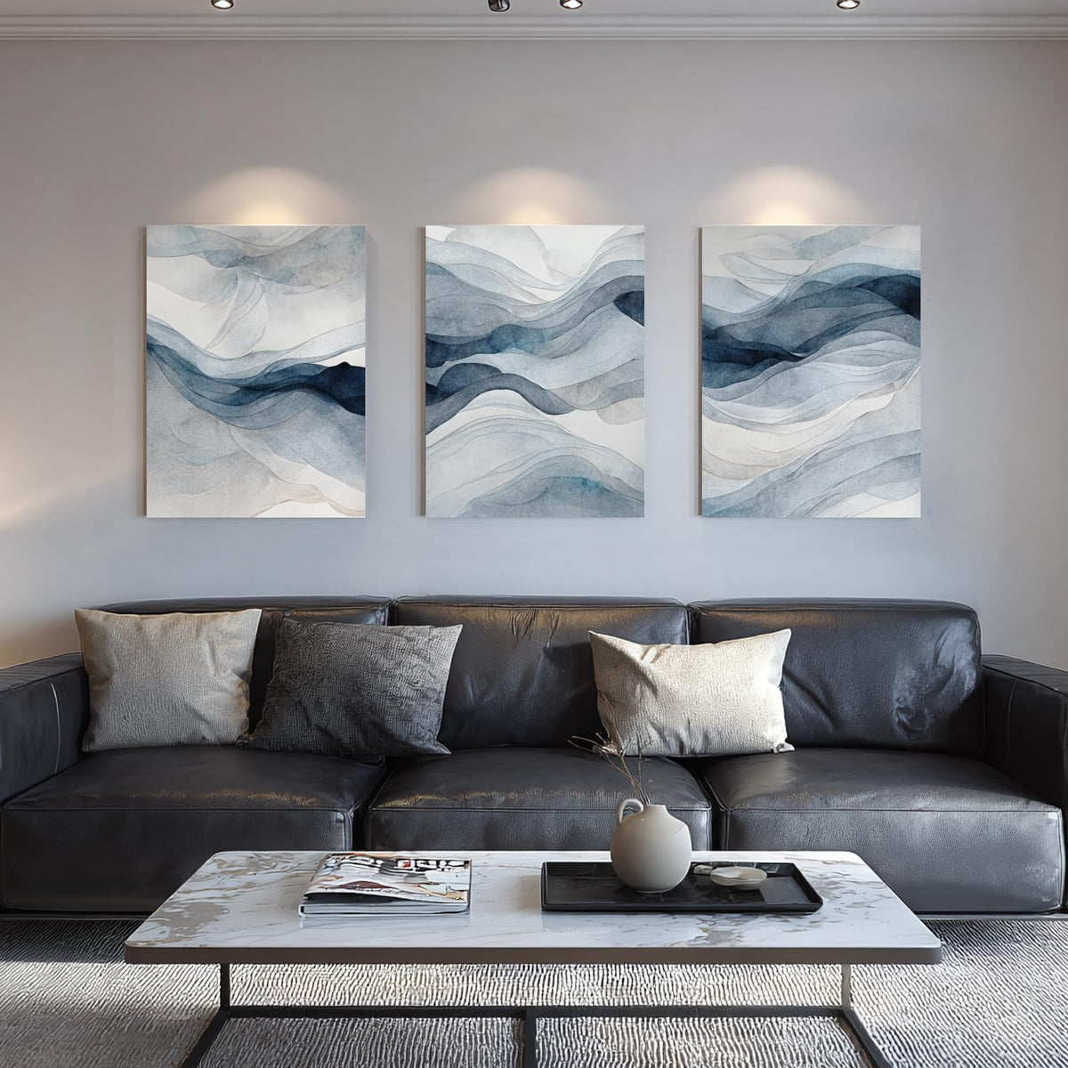 IAFWZX Framed Blue Gray Abstract Wall Art, Modern Minimalist Waves Wall Decor, Neutral Watercolor