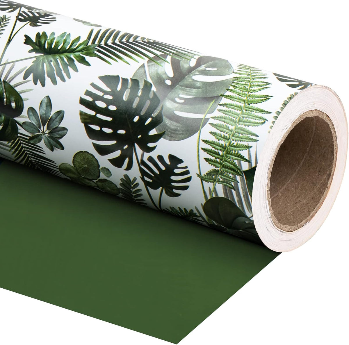 WRAPAHOLIC Reversible Tropical Wrapping Paper - Mini Roll - 17 Inch X 33 Feet - Green Monstera Leaf