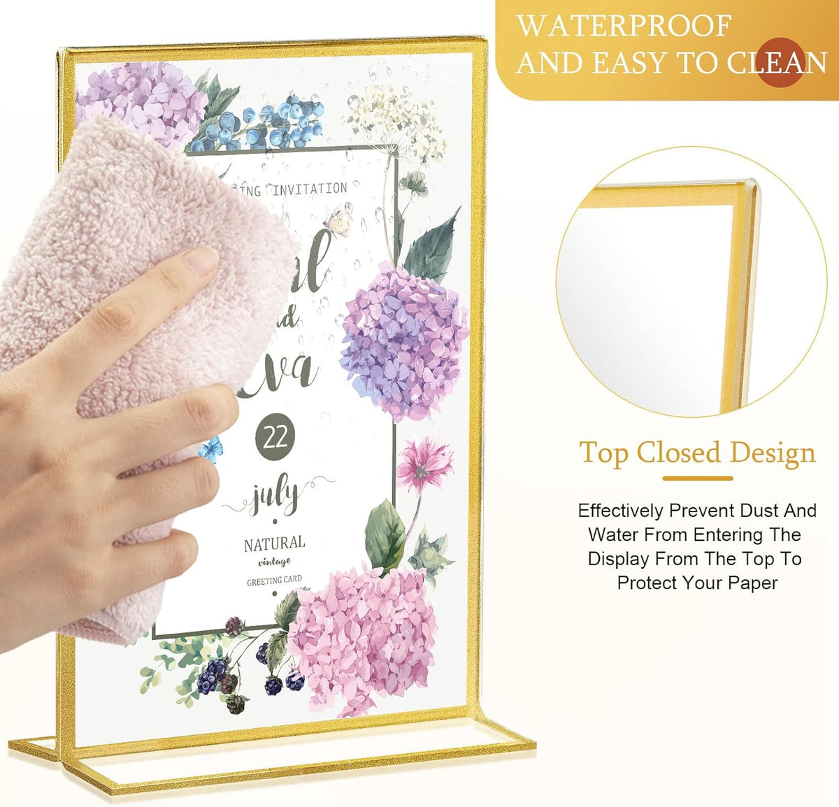 Hoteam 30 Pack 5 x 7 Clear Acrylic Sign Holder with Gold Borders, Gold Picture Frame, Double Sided