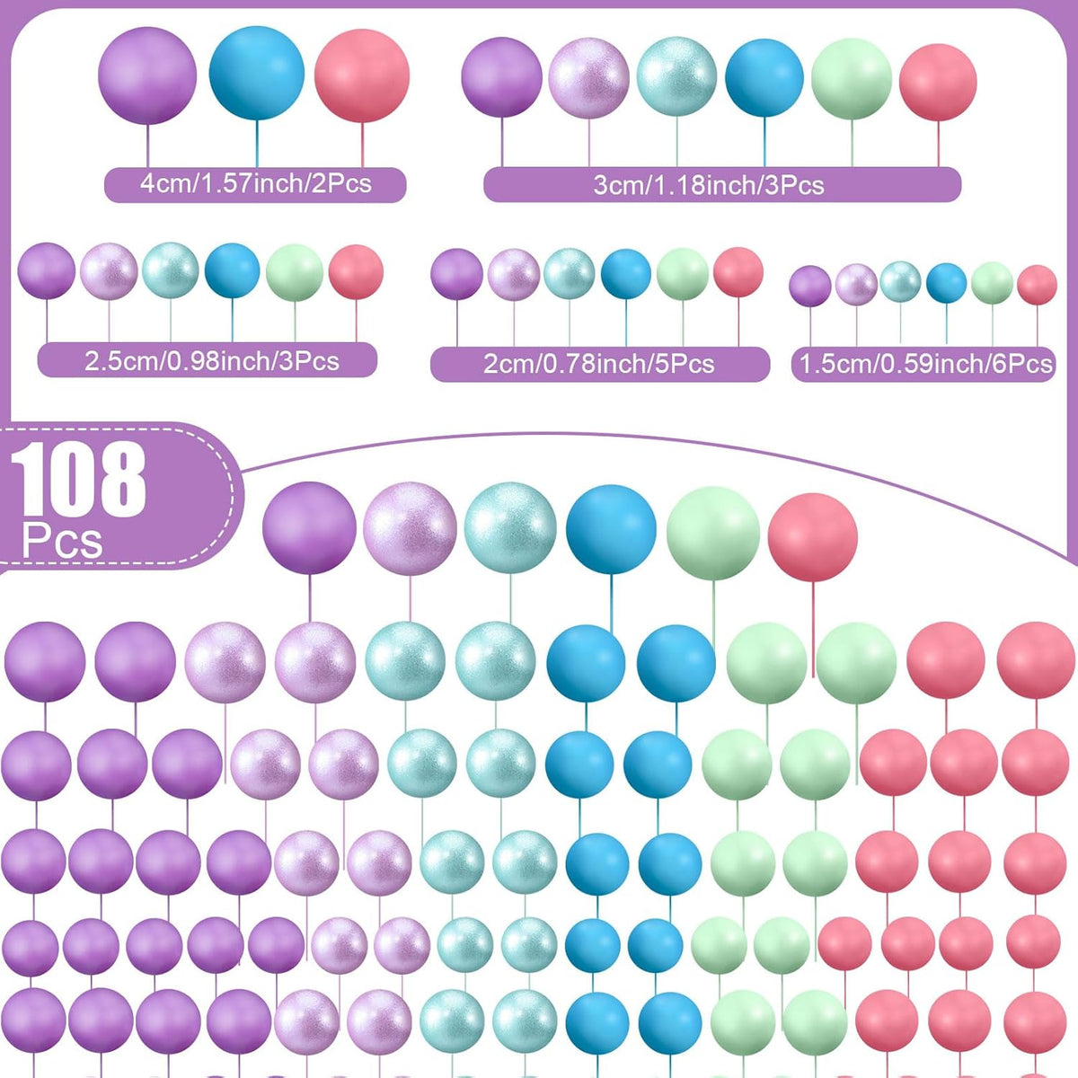 108 Pcs Balls Cake Topper DIY Cupcake Insert Foam Balloons for Cake Baking Wedding Anniversary