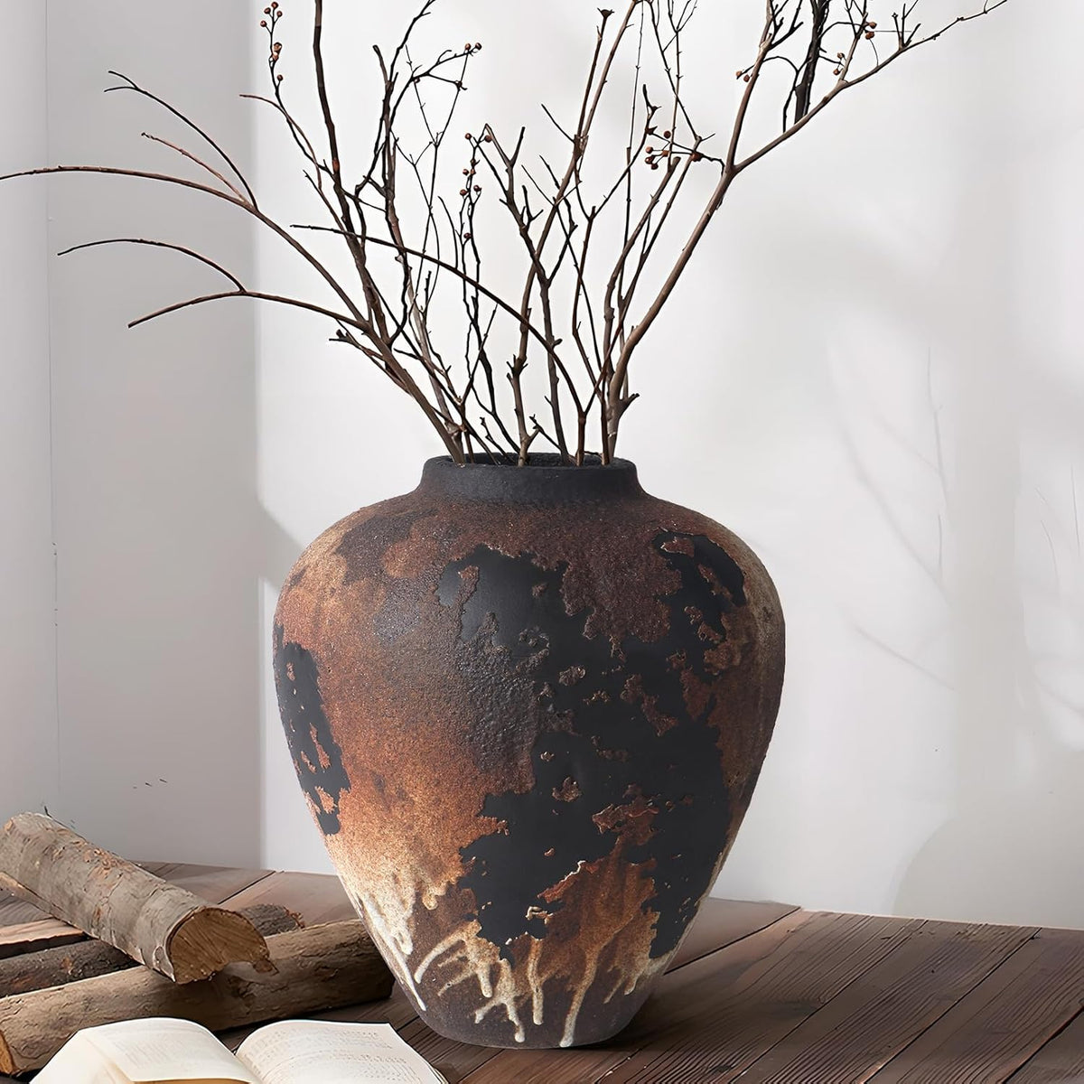 Rustic Vase for Flowers, 8.9'' Brown Farmhouse Ceramic Vases for Home Decor, Minimalist Decorative
